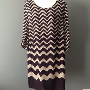 Purple, tan and cream dress.